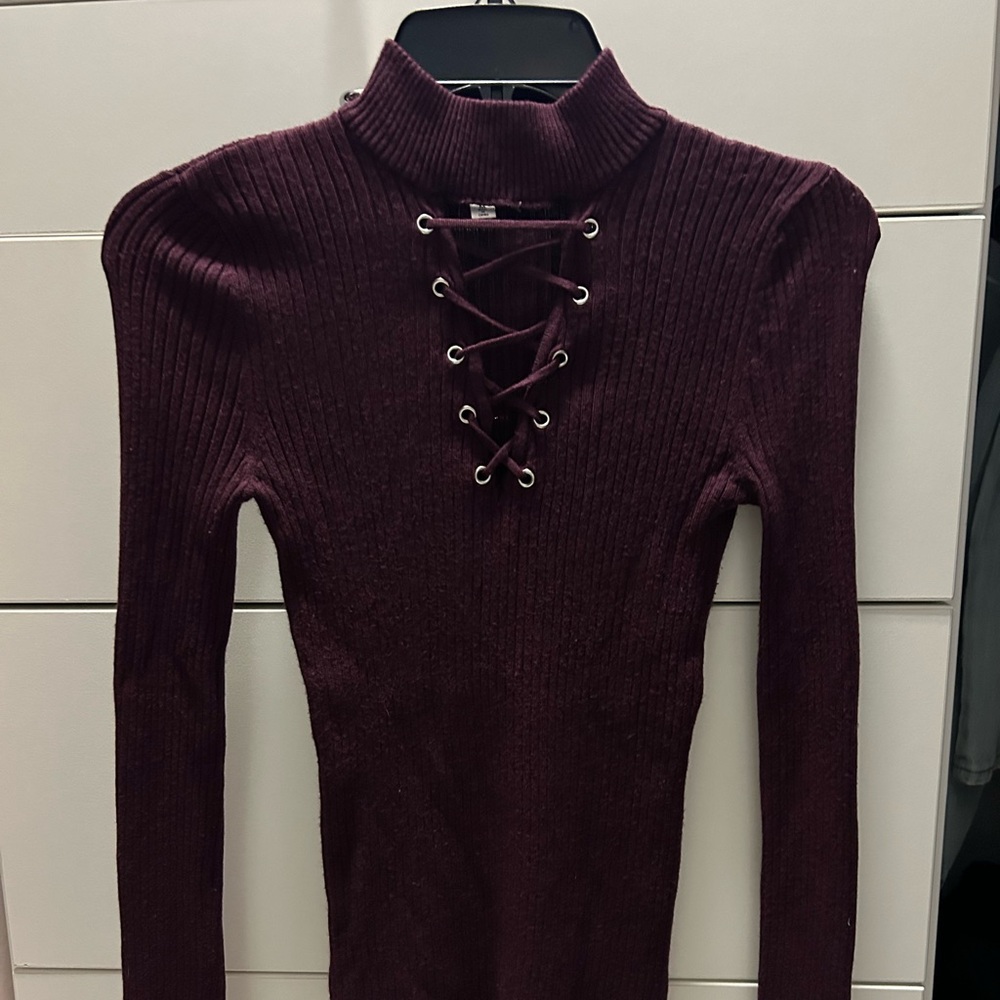 Burgundy Lace-Up Ribbed Sweater